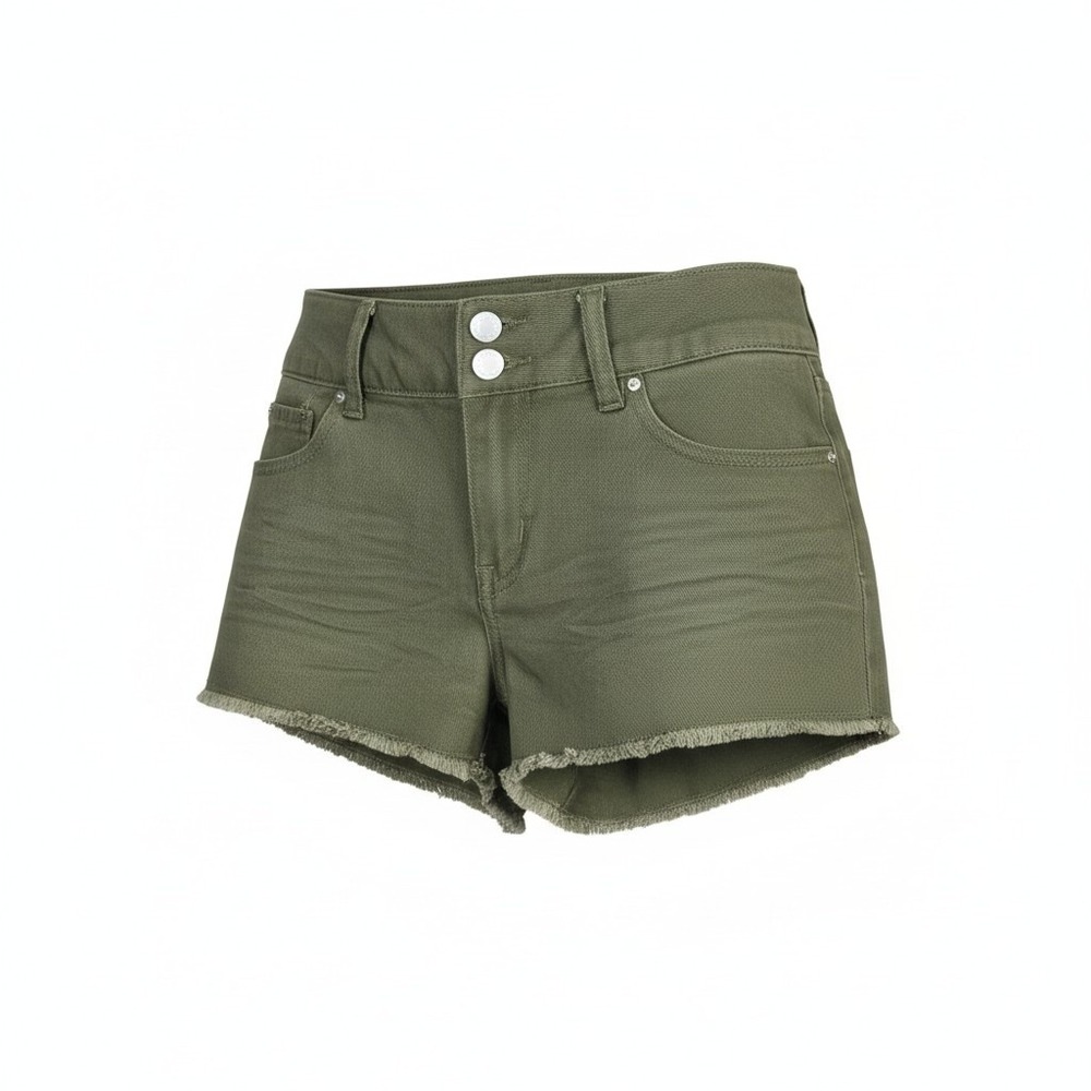 Refuge Olive Green Denim Shorts Double Button Frayed Hem Size 6